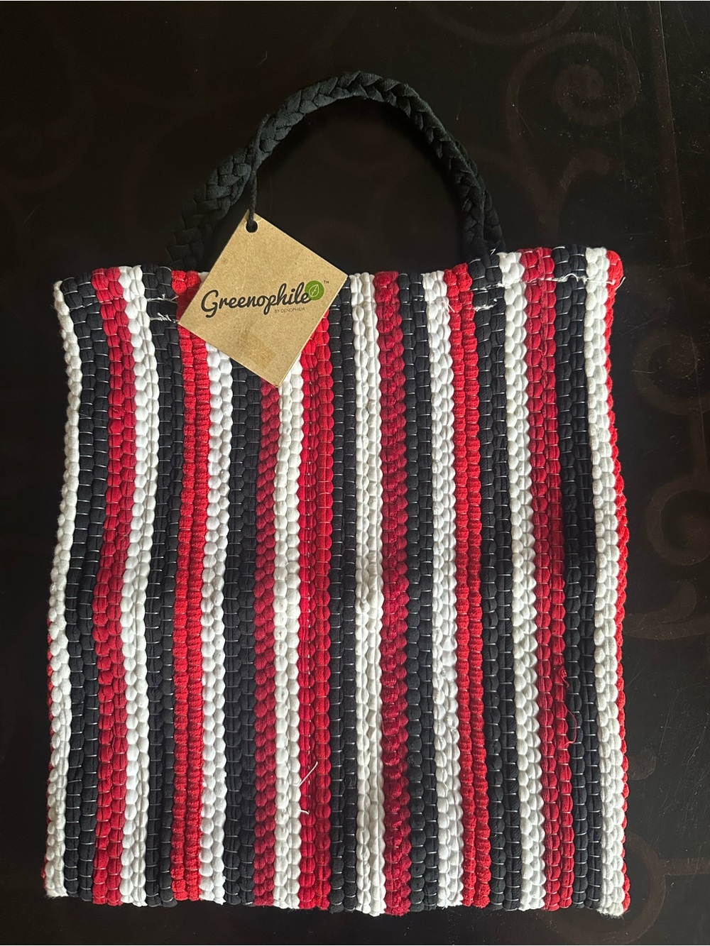 Greenophile Striped Woven 2 bottle Tote Bag in Red, Black & White. NWT